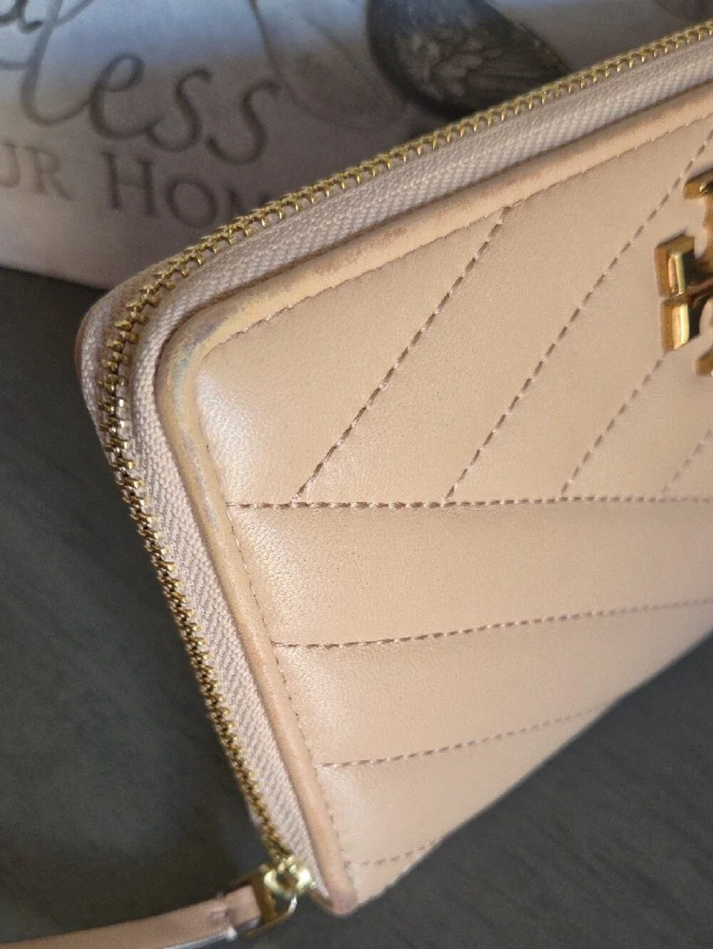 Tory Burch Kira Chevron Quilted Zip Continental Wallet Beige or Almond Shade